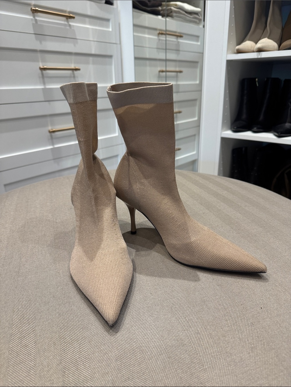 Zara Taupe Knit Pointed Sock Stiletto Ankle Boots